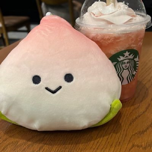 桃のぬいぐるみとフラペチーノ